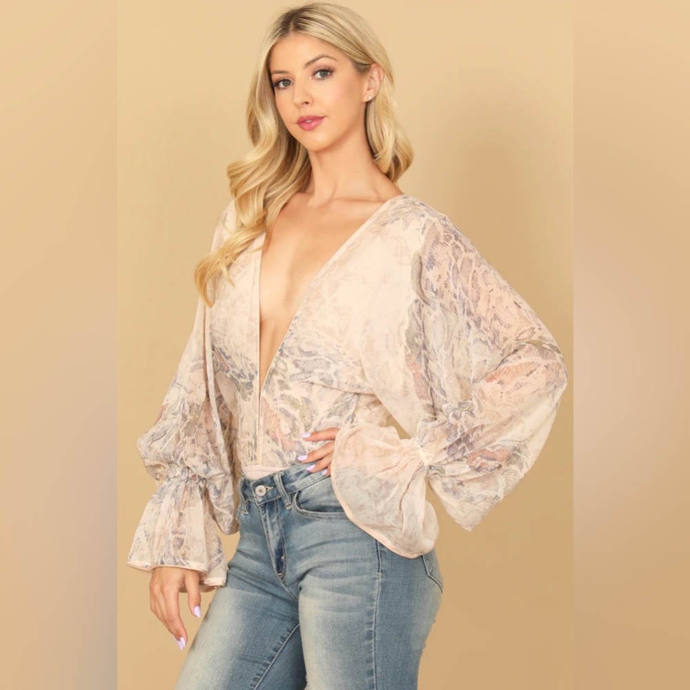 Olivaceous Snake Deep Neck Flounce Sleeve Ribbon Back Bodysuit